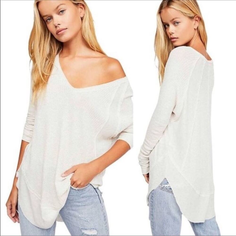 Free People White Oversized Thermal Knit Sweater
